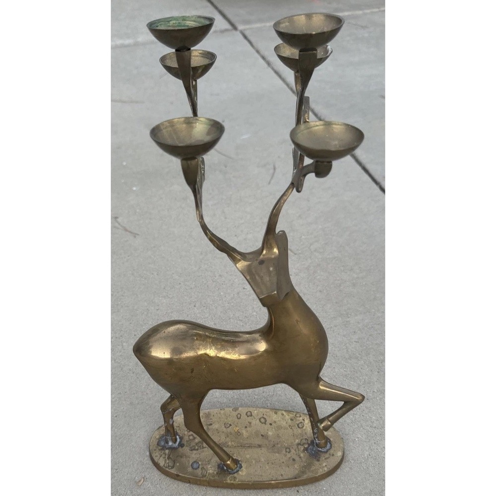 Vtg Brass 17" Tall Christmas holiday Reindeer Antlered Candelabra candleholder